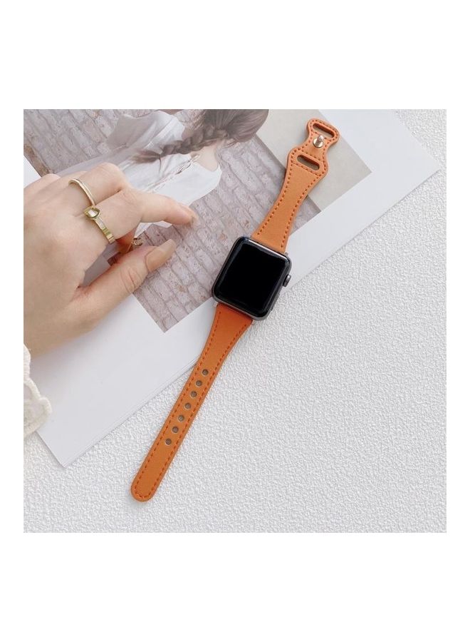 NIBEMINENT Small Waist 8-Shape Reverse Buckle Leather Replacement Strap Watchband For Apple Watch Series 7/6/SE/5/4/3/2/1 41/40/38mm Orange - Image 1