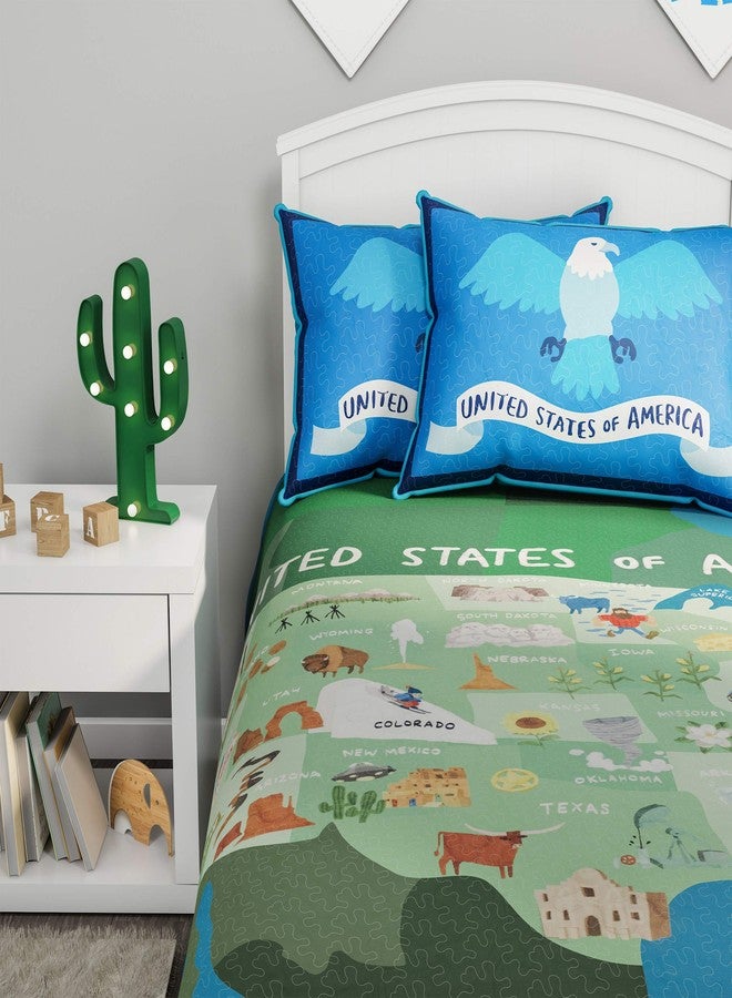 لافيش هوم طقم لحاف من ثلاث قطع - مقاس توين إكس إل وغطاءا وسادة - مصنوع من ألياف دقيقة مضادة للحساسية - مزين بمعالم ورموز الولايات الخمسين والنسر الأمريكي من إنتاج LHC - Image 1