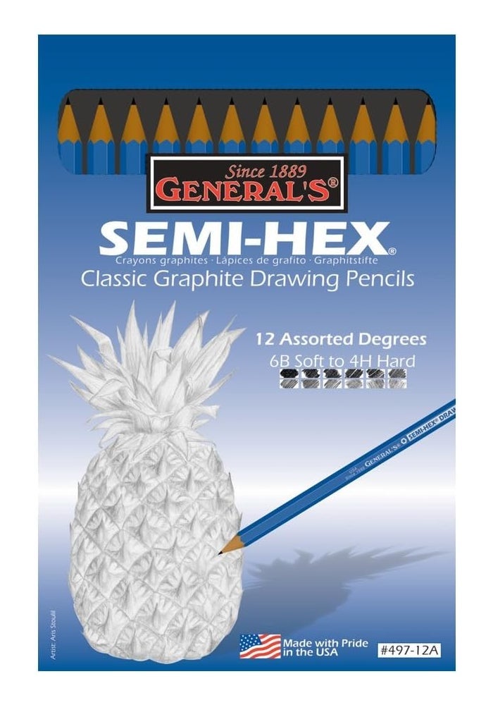 GENERAL'S Semi-Hex Classic Graphite Drawing Pencils - 12 Assorted Degrees from 6B to 4H