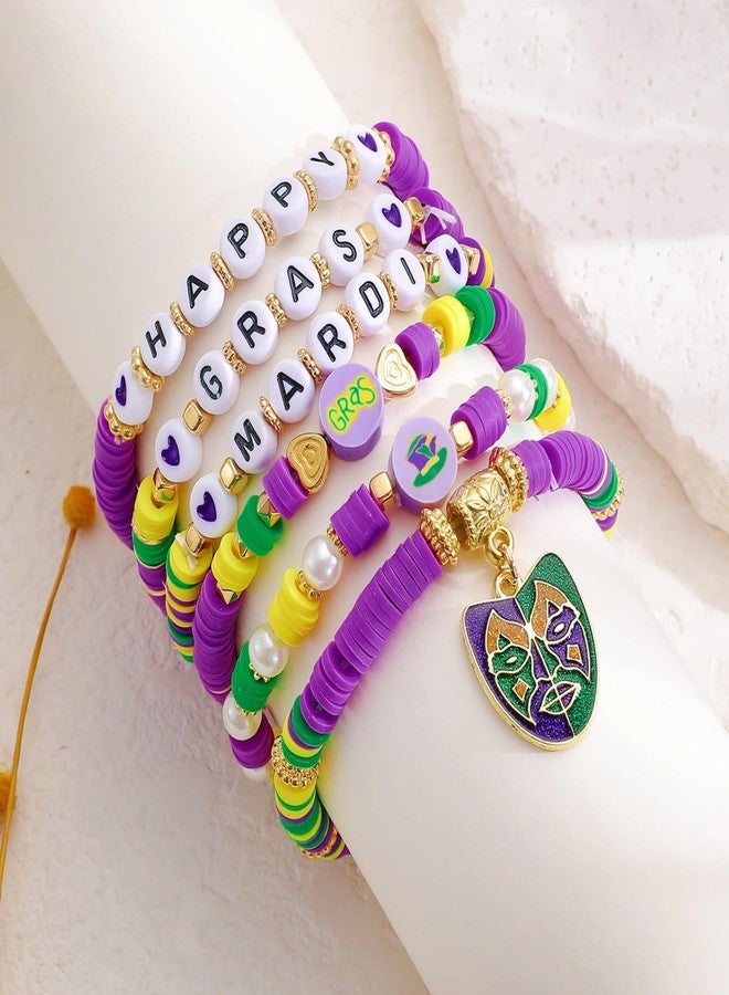 WCRAZYE Mardi Gras Bracelet for Women Purple Green Gold Fleur De Lis Feather Mask Crown Jester Hat Polymer Clay Beaded Stackable Strech Bracelet Carnival Accessory (Mask B) - Image 5