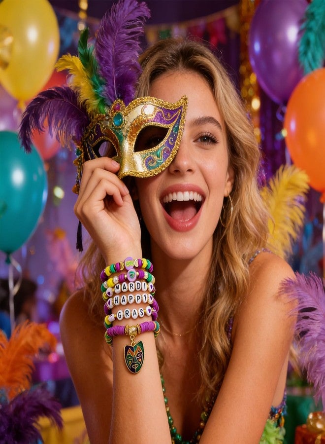 WCRAZYE Mardi Gras Bracelet for Women Purple Green Gold Fleur De Lis Feather Mask Crown Jester Hat Polymer Clay Beaded Stackable Strech Bracelet Carnival Accessory (Mask B) - Image 3