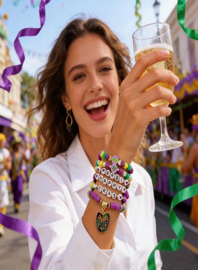 WCRAZYE Mardi Gras Bracelet for Women Purple Green Gold Fleur De Lis Feather Mask Crown Jester Hat Polymer Clay Beaded Stackable Strech Bracelet Carnival Accessory (Mask B) - Image 4