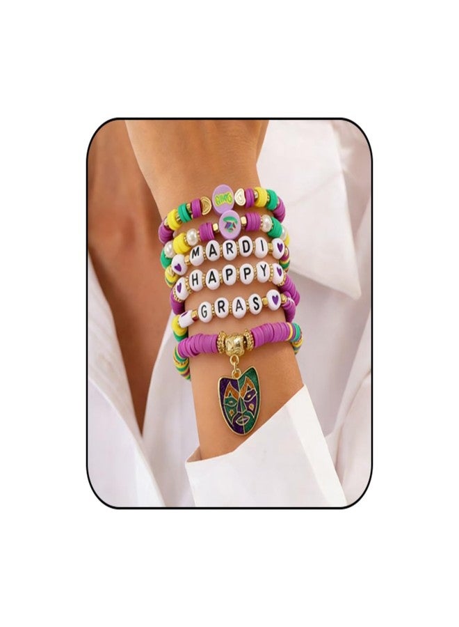 WCRAZYE Mardi Gras Bracelet for Women Purple Green Gold Fleur De Lis Feather Mask Crown Jester Hat Polymer Clay Beaded Stackable Strech Bracelet Carnival Accessory (Mask B) - Image 1