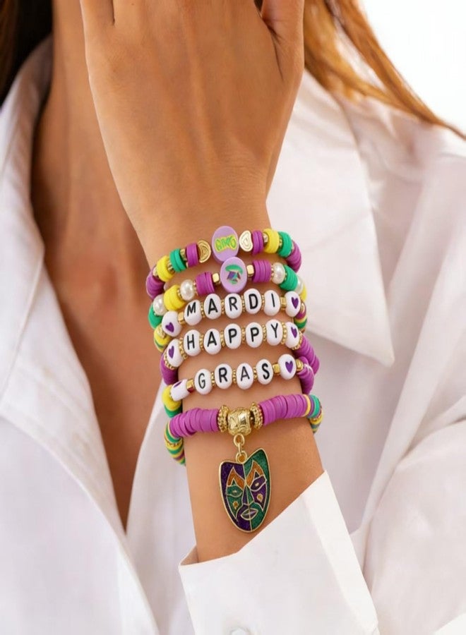 WCRAZYE Mardi Gras Bracelet for Women Purple Green Gold Fleur De Lis Feather Mask Crown Jester Hat Polymer Clay Beaded Stackable Strech Bracelet Carnival Accessory (Mask B) - Image 2