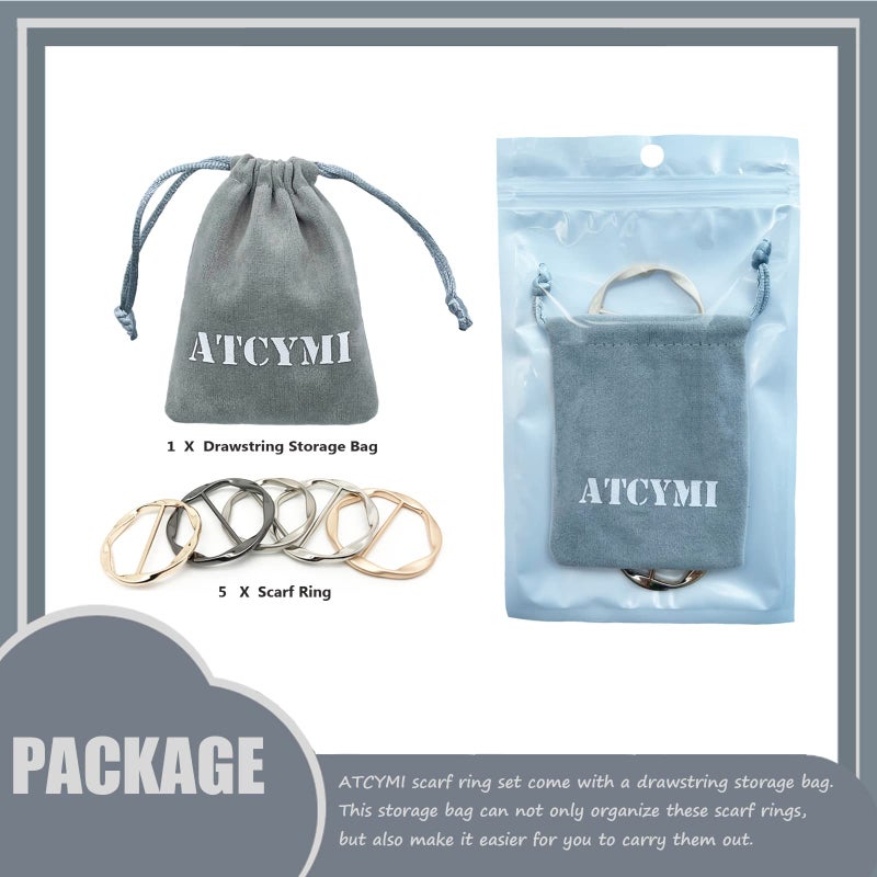 ATCYMI 5PCS Silk Scarf Ring Clip T-shirt Tie Clips for Women Fashion Metal Round Circle Clip Buckle Clothing Ring Wrap Holder with 1 Storage Bag - Image 2