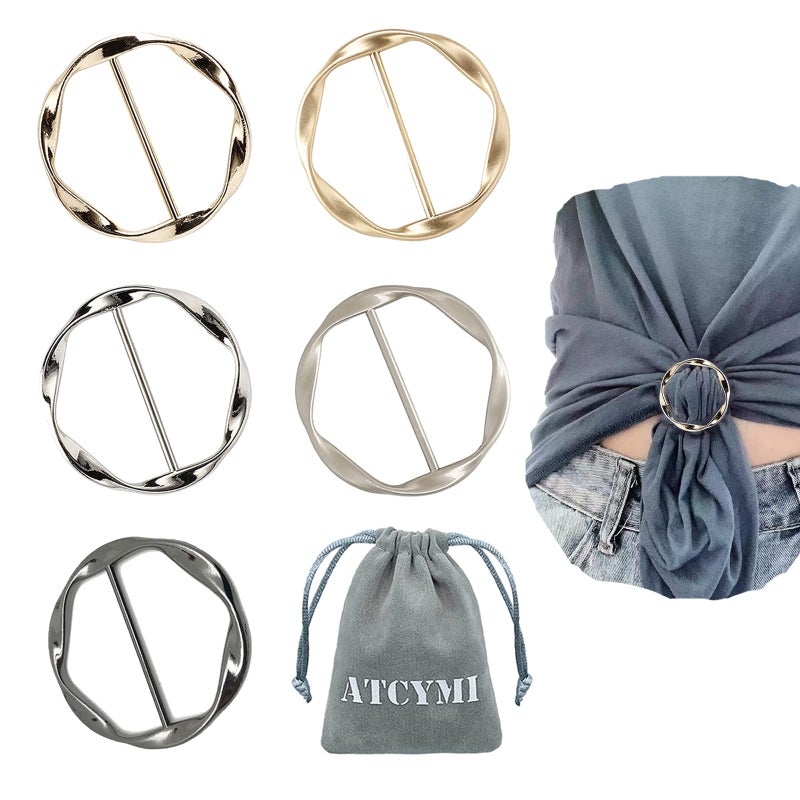 ATCYMI 5PCS Silk Scarf Ring Clip T-shirt Tie Clips for Women Fashion Metal Round Circle Clip Buckle Clothing Ring Wrap Holder with 1 Storage Bag - Image 1
