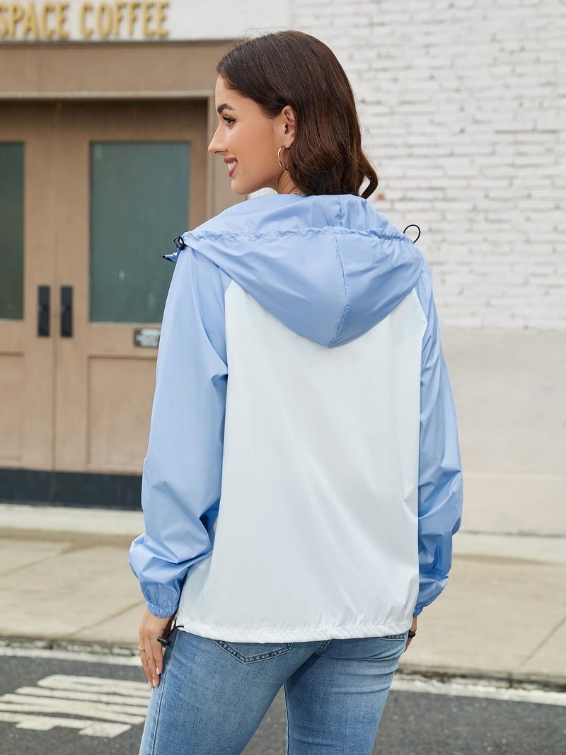 PITINAN Packable Rain Jacket for Women Waterproof Windbreaker Jacket Women Lightweight Raincoat Rain Coats with Hood Light Blue White M - Image 3