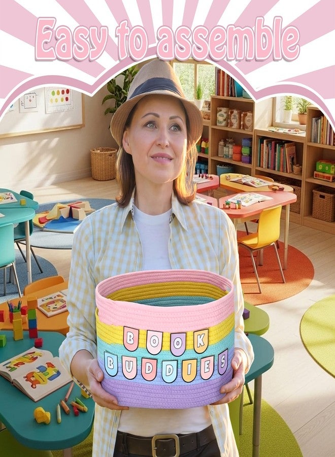Remerry Book Buddies Basket Pastel Reading Corner Decor 14.7x 9.8 x 8.8 Inch Rainbow Woven Storage Basket Set, Decorative Organizer Bins, Book Organizer for Back to School Nursery Classroom Room Decor - Image 5