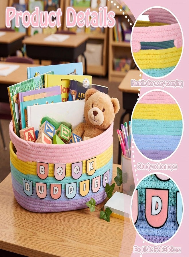 Remerry Book Buddies Basket Pastel Reading Corner Decor 14.7x 9.8 x 8.8 Inch Rainbow Woven Storage Basket Set, Decorative Organizer Bins, Book Organizer for Back to School Nursery Classroom Room Decor - Image 3