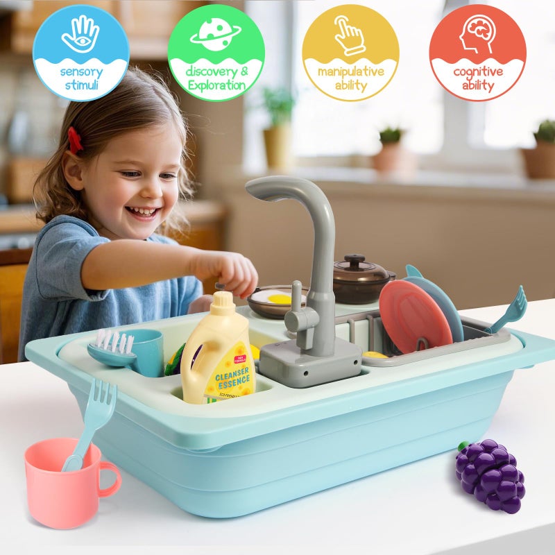 Asweets Color Changing Kitchen Sink Toys, Toddler Sink Toys with Running Water, Pretend Play Toys with Upgraded Faucet, Automatic Water Cycle System (Blue) - Image 4