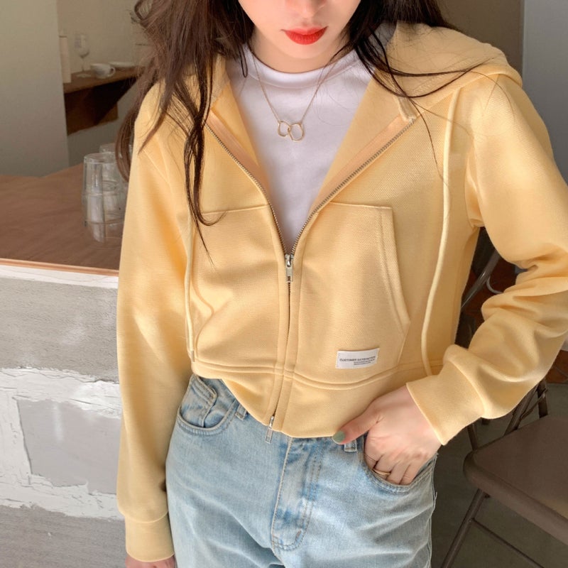 Thin Sweatshirt Womens Short Zipper Niche Design Spring and Summer Short Pink Top Casual Hooded Cardigan Wholesale Black - Image 4