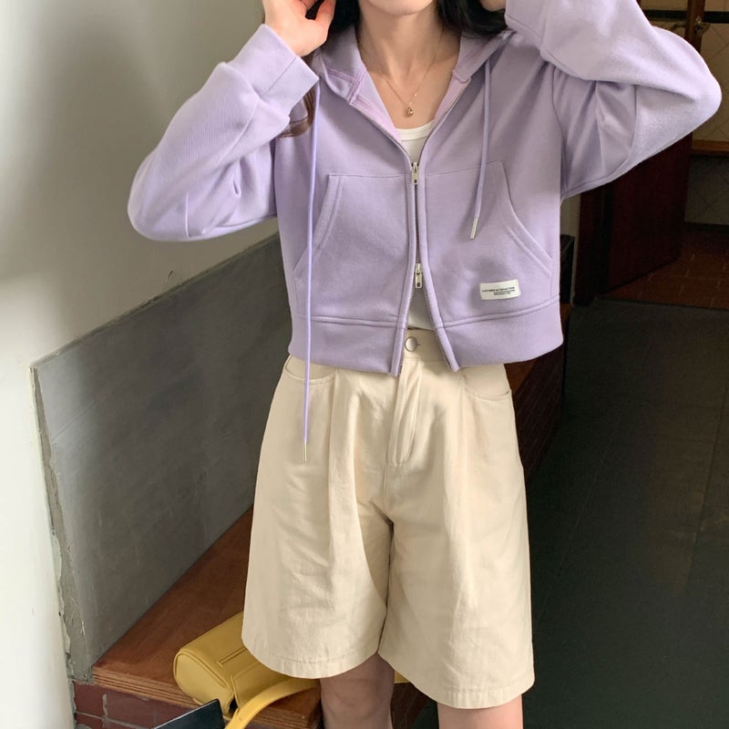 Thin Sweatshirt Womens Short Zipper Niche Design Spring and Summer Short Pink Top Casual Hooded Cardigan Wholesale Black - Image 3