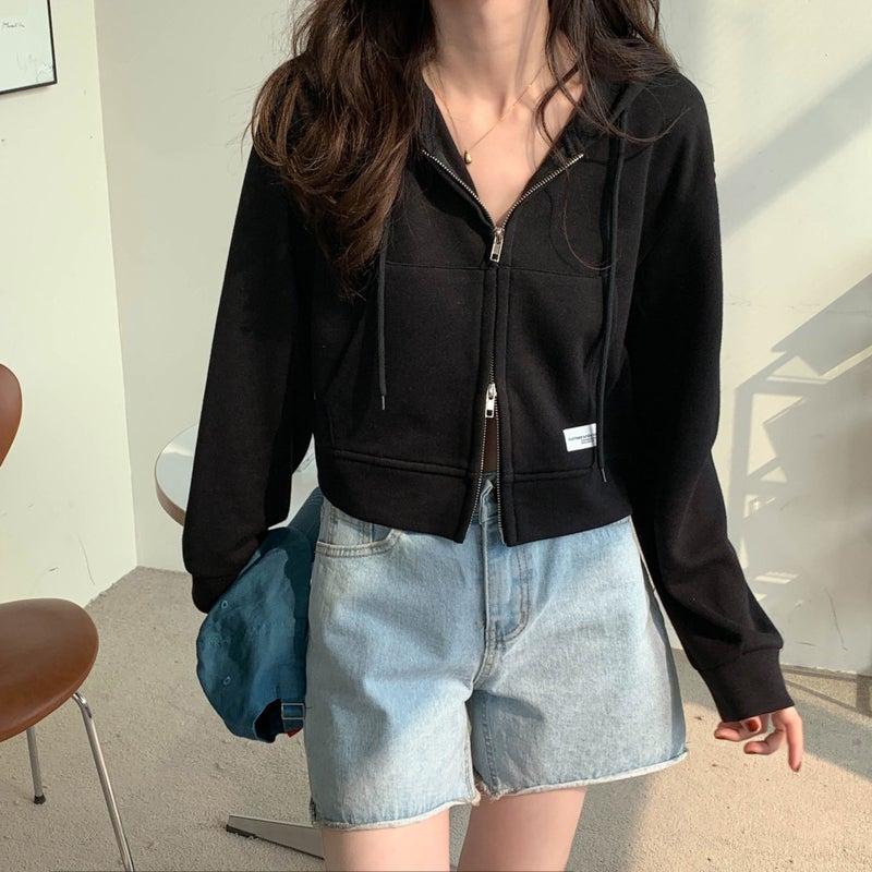 Thin Sweatshirt Womens Short Zipper Niche Design Spring and Summer Short Pink Top Casual Hooded Cardigan Wholesale Black - Image 1