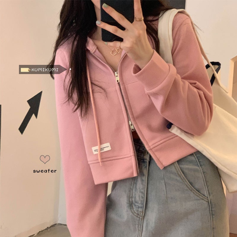 Thin Sweatshirt Womens Short Zipper Niche Design Spring and Summer Short Pink Top Casual Hooded Cardigan Wholesale Black - Image 5