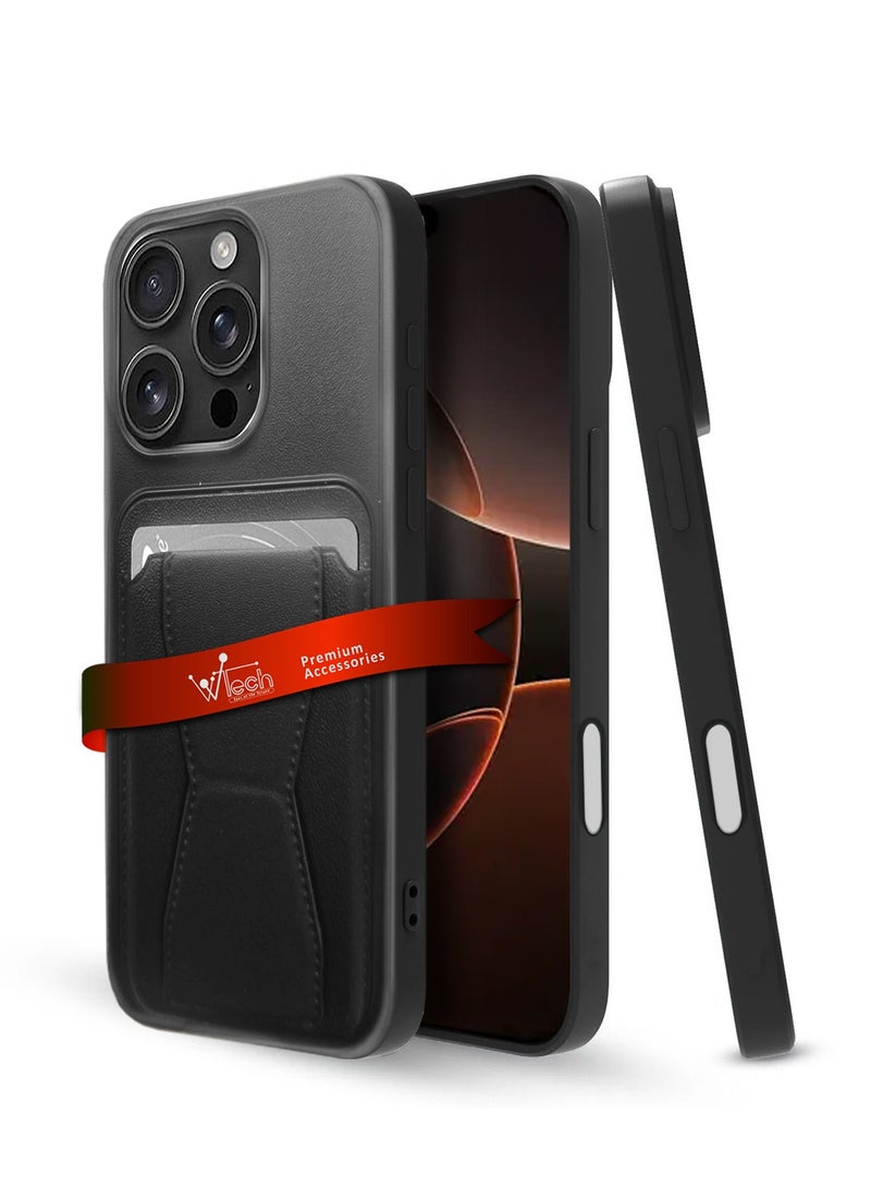 دبليو تيك ابل ايفون 16 برو ماكس 2024 حامل بطاقات سيليكون TPU مع غطاء غطاء مقبض اليد - أسود - Image 1