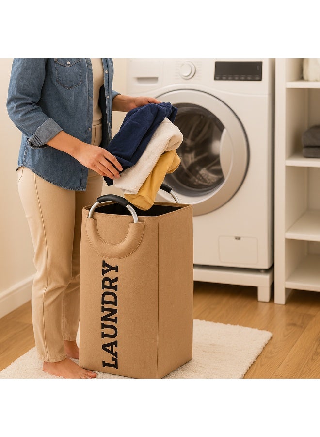 Rectangular Fabric Laundry Hamper Foldable for Clothes Storage Organizer – Padded Aluminum Handles Laundry Basket-Beige - Image 4