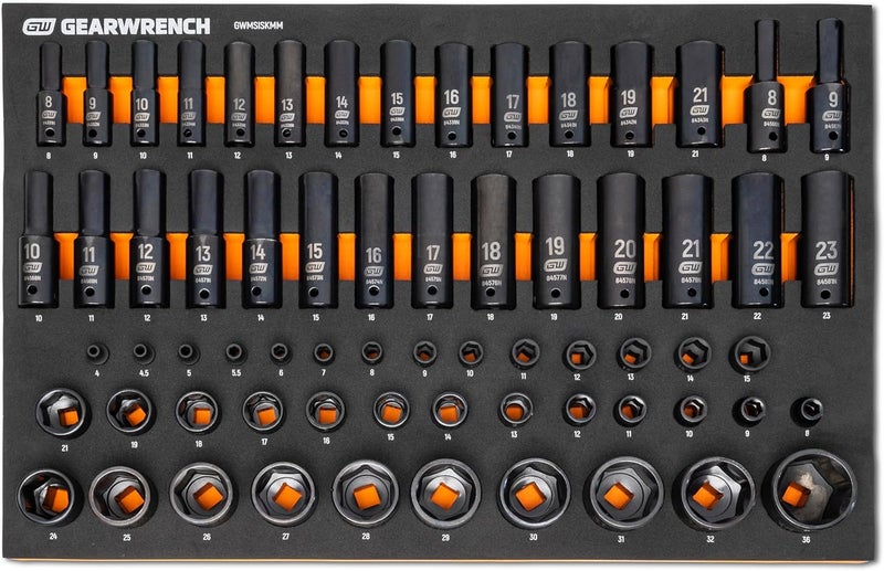 GEARWRENCH 66 Piece 14 38 12 Drive 6 Point Metric Impact Socket Set in Foam Storage Tray  GWMSISKMM - Image 1