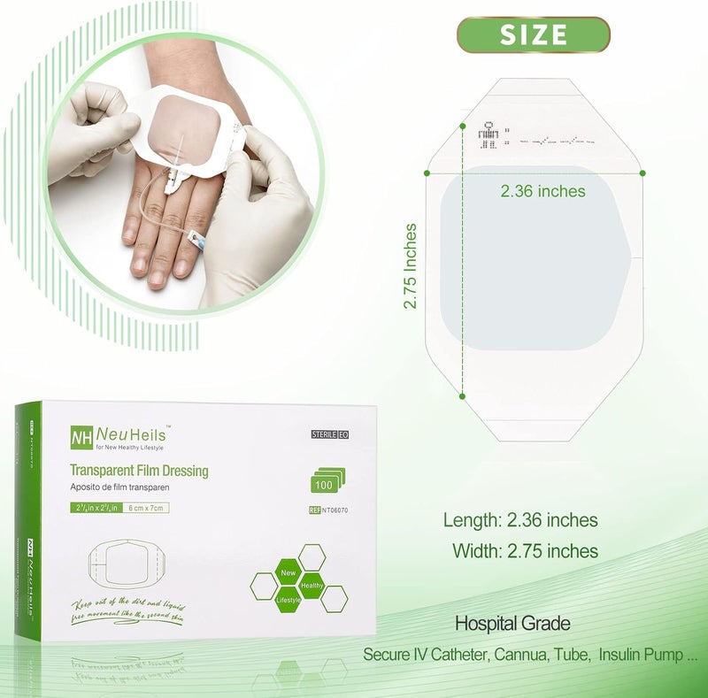 NeuHeils Transparent Film Dressing 2 38 x 2 34 100 Pack Waterproof Wound Cover Bandage Clear IV Catheter Tape Adhesive Patch Shower Shield - Image 2