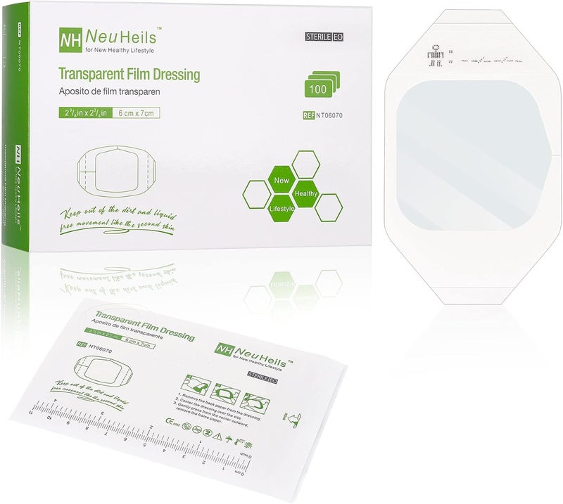 NeuHeils Transparent Film Dressing 2 38 x 2 34 100 Pack Waterproof Wound Cover Bandage Clear IV Catheter Tape Adhesive Patch Shower Shield - Image 1
