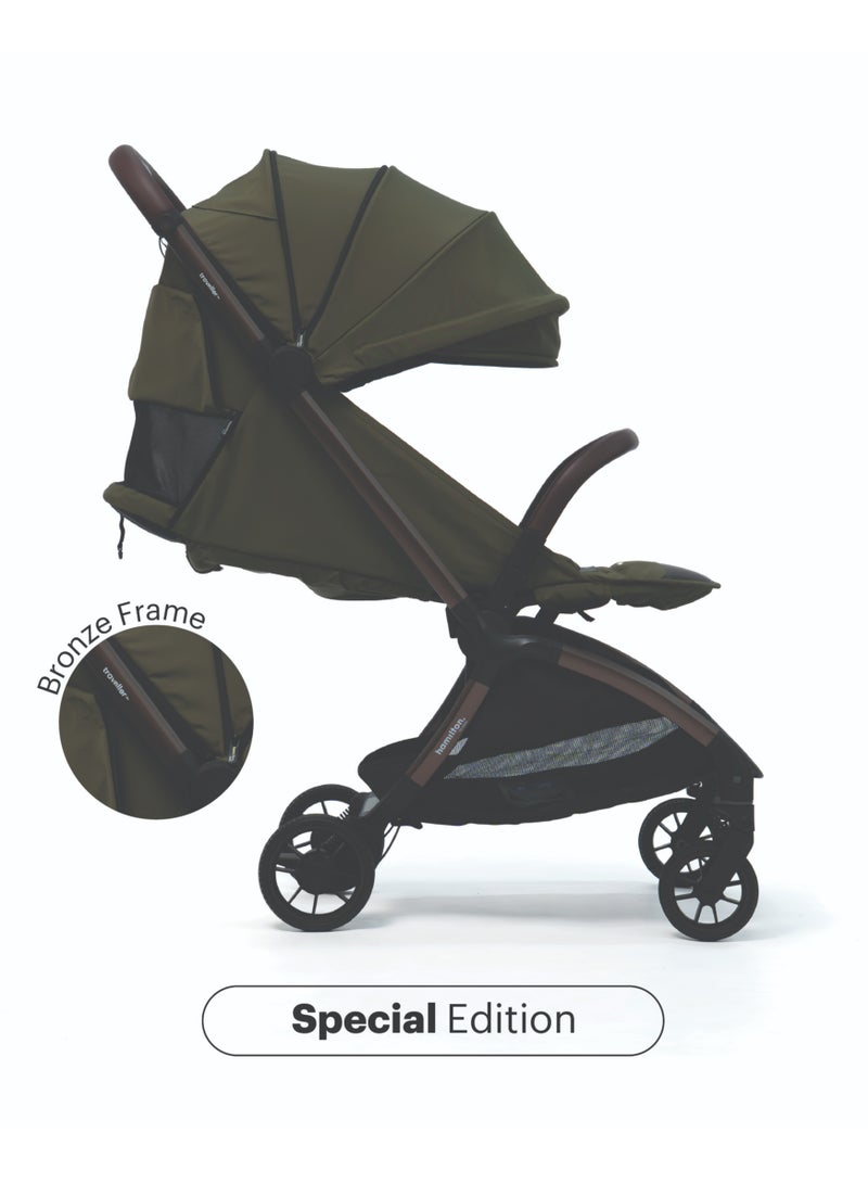 Hamilton by Yoop Traveller Premium Baby Stroller – Olive Green | Bronze Frame | MagicFold 2.0 Auto-Fold | Lightweight 7.9 kg | UPF 50+ Canopy | Travel Bag Included - Image 2