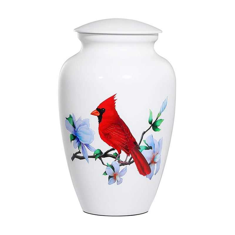 Icokee Adult Urn For Human Ashes Red Cardinal Cremation Urn White Funeral Urn Decorative Urn Burial Urn Large Memorial Urn With Velvet Bag Up To 200 Lbs Capacity - Image 1