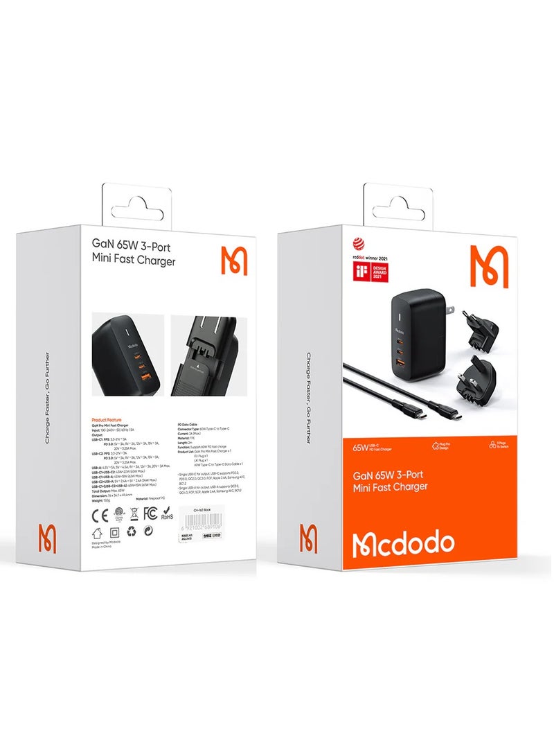 MCDODO CH8442  GaN 65W Dual Type-C + USB Mini Size Wall Charger Set - Image 1