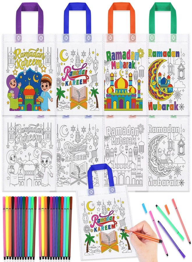 هواف مجموعة HOWAF من 12 كيسًا للتلوين مع أقلام تلوين للأطفال بمناسبة رمضان، أكياس حلوى للتلوين بمناسبة عيد الفطر ورمضان مبارك، أكياس هدايا للتلوين بمناسبة رمضان كريم، أكياس قماشية قابلة لإعادة الاستخدام لتوزيعات حفلات رمضان كريم. - Image 1
