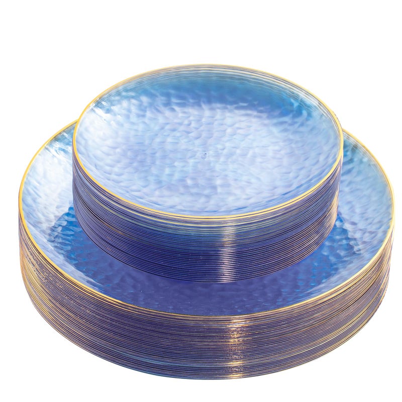 Rubtlamp 60Pcs Clear Blue Plastic Plates  Hammered Blue Plates  Clear Fancy Disposable Plates With Gold Rim Include 30 Dessert Plates  30 Dinner Plates for Party - Image 1