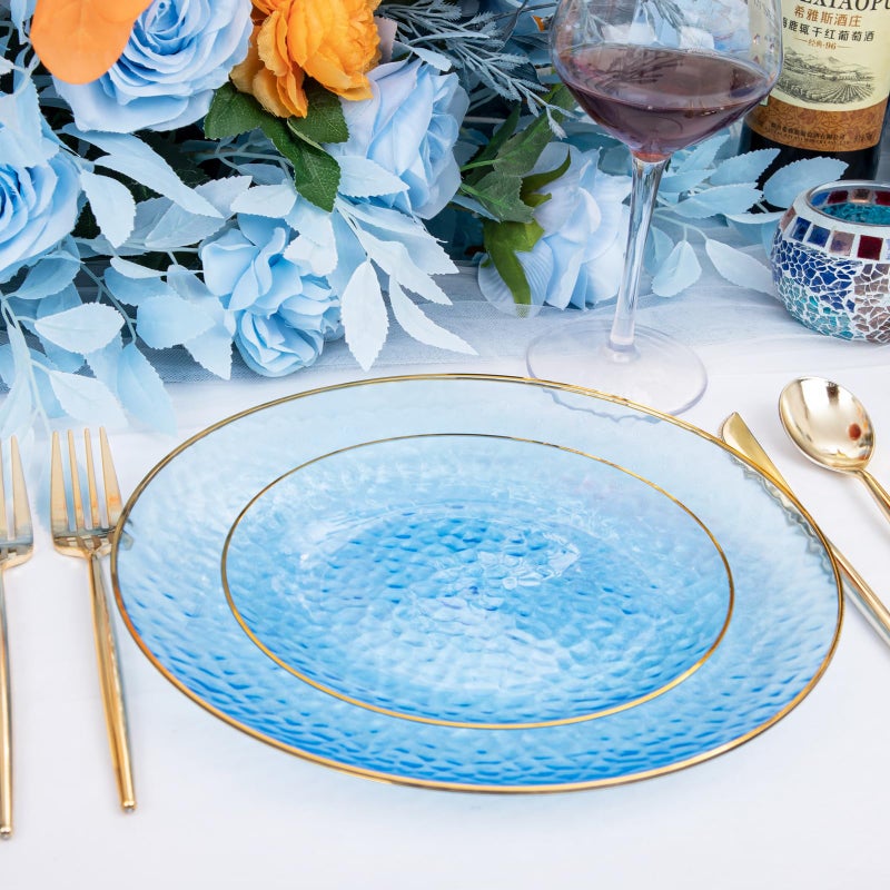 Rubtlamp 60Pcs Clear Blue Plastic Plates  Hammered Blue Plates  Clear Fancy Disposable Plates With Gold Rim Include 30 Dessert Plates  30 Dinner Plates for Party - Image 5