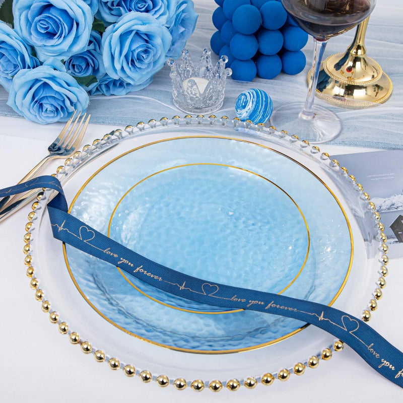 Rubtlamp 60Pcs Clear Blue Plastic Plates  Hammered Blue Plates  Clear Fancy Disposable Plates With Gold Rim Include 30 Dessert Plates  30 Dinner Plates for Party - Image 3