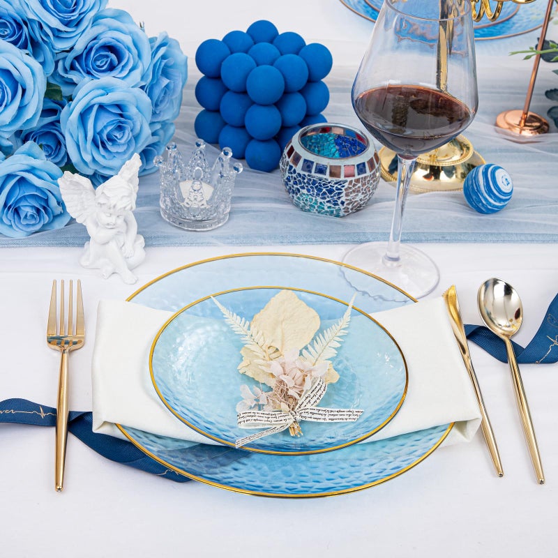 Rubtlamp 60Pcs Clear Blue Plastic Plates  Hammered Blue Plates  Clear Fancy Disposable Plates With Gold Rim Include 30 Dessert Plates  30 Dinner Plates for Party - Image 4