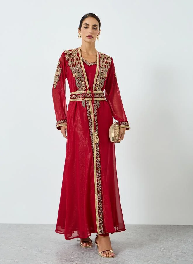 Embellished Handwork Belted Kaftan with Inner Dress