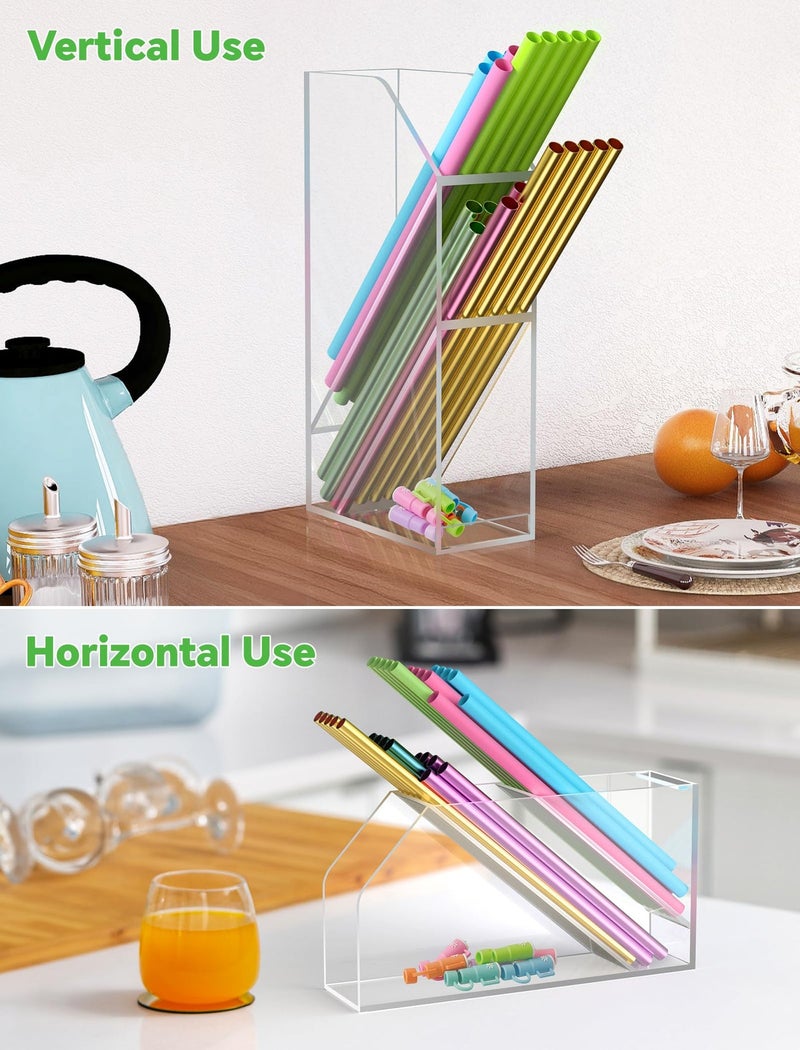 NiHome Straw Holder for Kitchen Cabinet Door, Large Capacity Dual Compartments for 10-12 Inch Straws, Angled Design for Easy Access, Extra Bottom Storage for Caps, Horizontal or Vertical Placement - Image 4