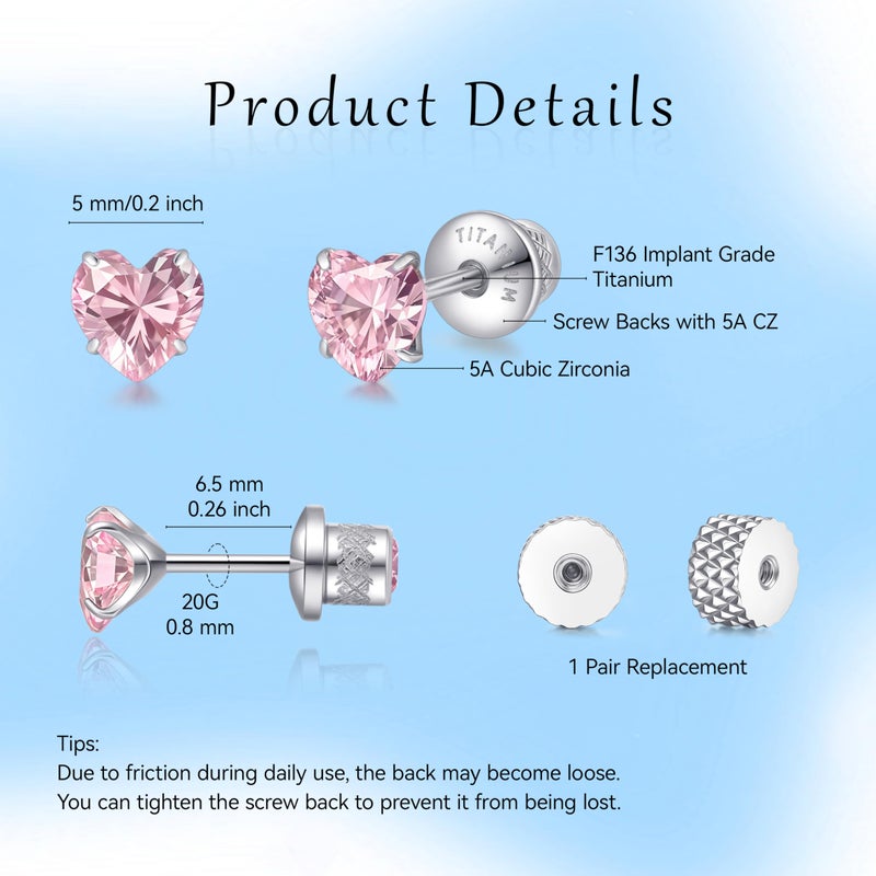Limerencia Heart Birthstone Screw Backs Earrings G23 Implant Grade Titanium Stud Earrings 20G Hypoallergenic Cubic Zirconia Tragus Piercing Post for Sensitive Ears(5 mm, Pink CZ) - Image 3