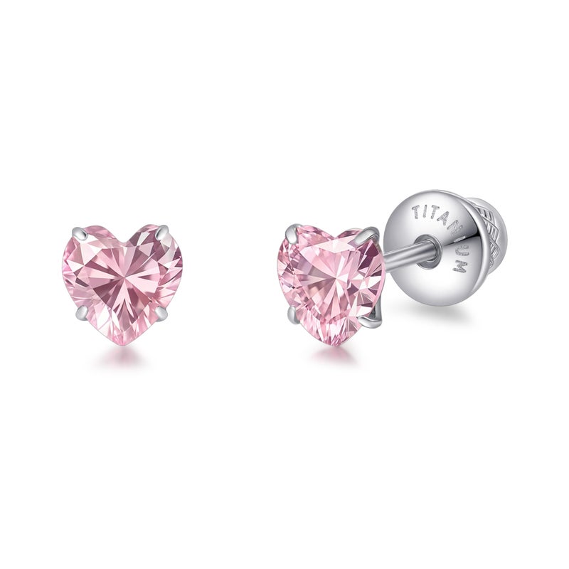 Limerencia Heart Birthstone Screw Backs Earrings G23 Implant Grade Titanium Stud Earrings 20G Hypoallergenic Cubic Zirconia Tragus Piercing Post for Sensitive Ears(5 mm, Pink CZ) - Image 1