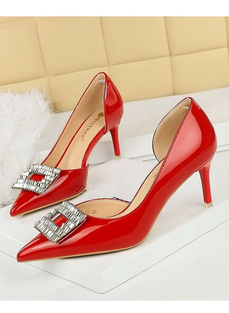 BIGTREE Women's Closed Pointed Toe Stiletto Pump Rhinestone Square Buckle Decoration High Heels Red 7 CM 