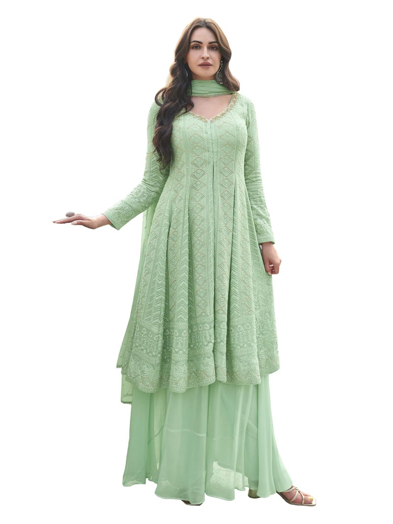 TRENDMALLS Women's Georgette Embroidery Work Front Slit Kurta Palazzo with Dupatta for Women (G310-Pista-S) - Image 1