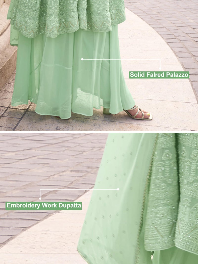 TRENDMALLS Women's Georgette Embroidery Work Front Slit Kurta Palazzo with Dupatta for Women (G310-Pista-S) - Image 5