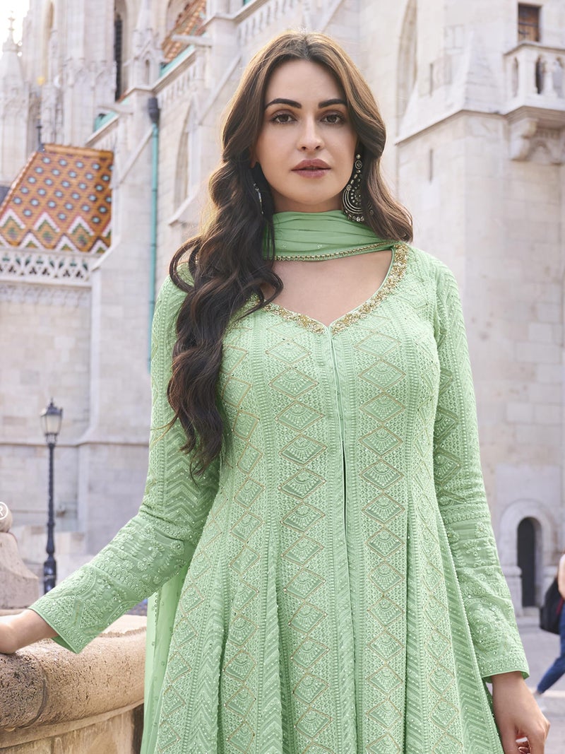 TRENDMALLS Women's Georgette Embroidery Work Front Slit Kurta Palazzo with Dupatta for Women (G310-Pista-S) - Image 2