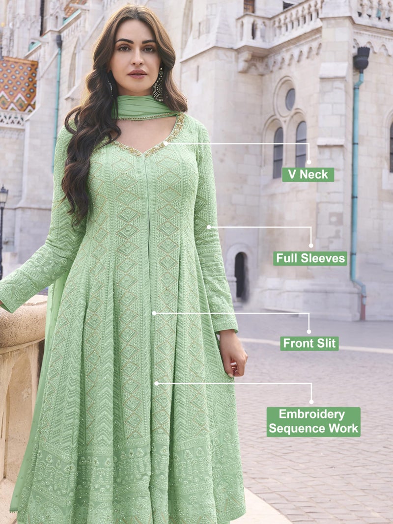 TRENDMALLS Women's Georgette Embroidery Work Front Slit Kurta Palazzo with Dupatta for Women (G310-Pista-S) - Image 4