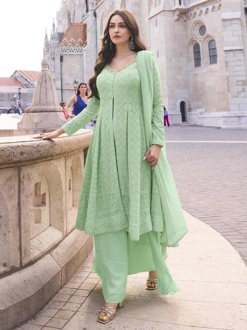 TRENDMALLS Women's Georgette Embroidery Work Front Slit Kurta Palazzo with Dupatta for Women (G310-Pista-S) - Image 3