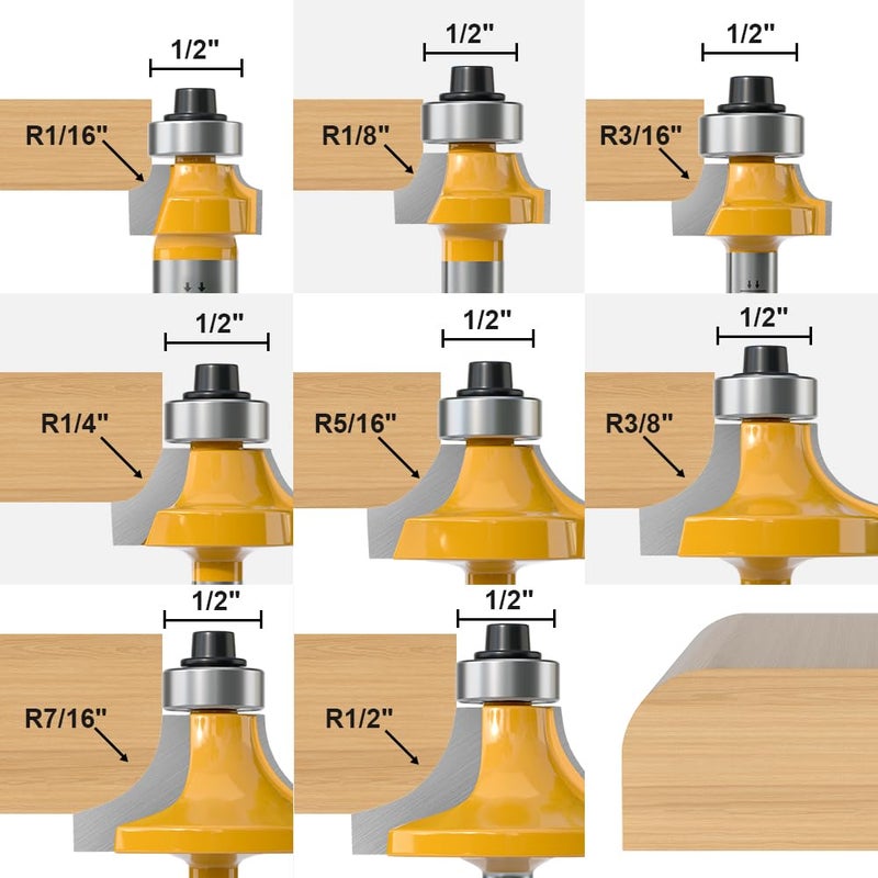 FivePears 8-Piece Roundover Router Bit Set - 1/4" Shank, Rounding Bits for Edging: 1/16", 1/8", 3/16", 1/4", 5/16", 3/8", 7/16", 1/2" Radius - Image 2