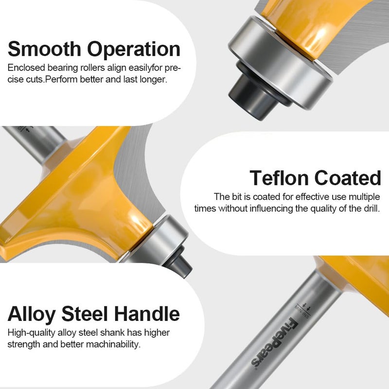 FivePears 8-Piece Roundover Router Bit Set - 1/4" Shank, Rounding Bits for Edging: 1/16", 1/8", 3/16", 1/4", 5/16", 3/8", 7/16", 1/2" Radius - Image 4