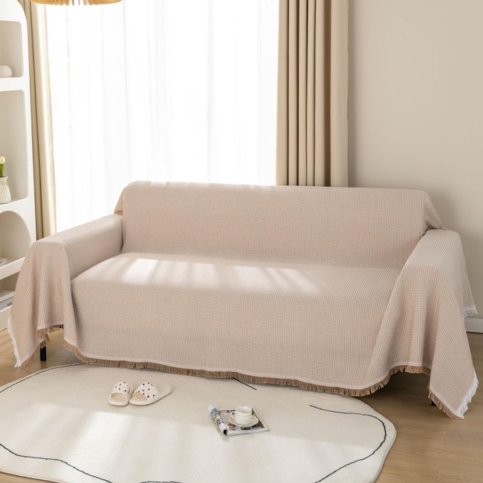 WAFFLE THROWS FOR SOFAS LARGE 2 OR 3 SEATER WOVEN SOFA THROW BLANKET WITH TASSELS REVERSIBLE LARGE THROWS FOR SETTEES COUCH LOVE SEAT DOUBLE BED AND ARMCHAIR 180X230CM KHAKI