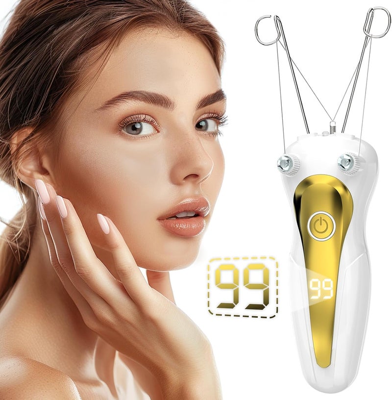 مزيل شعر الوجه سريع الشحن لإزالة الشعر بالخيط، مزيل شعر الوجه للسيدات مع شاشة رقمية، جهاز إزالة شعر الذراعين والساقين للنساء - خيط قطني ومسحوق اللؤلؤ (ذهبي) - Image 1