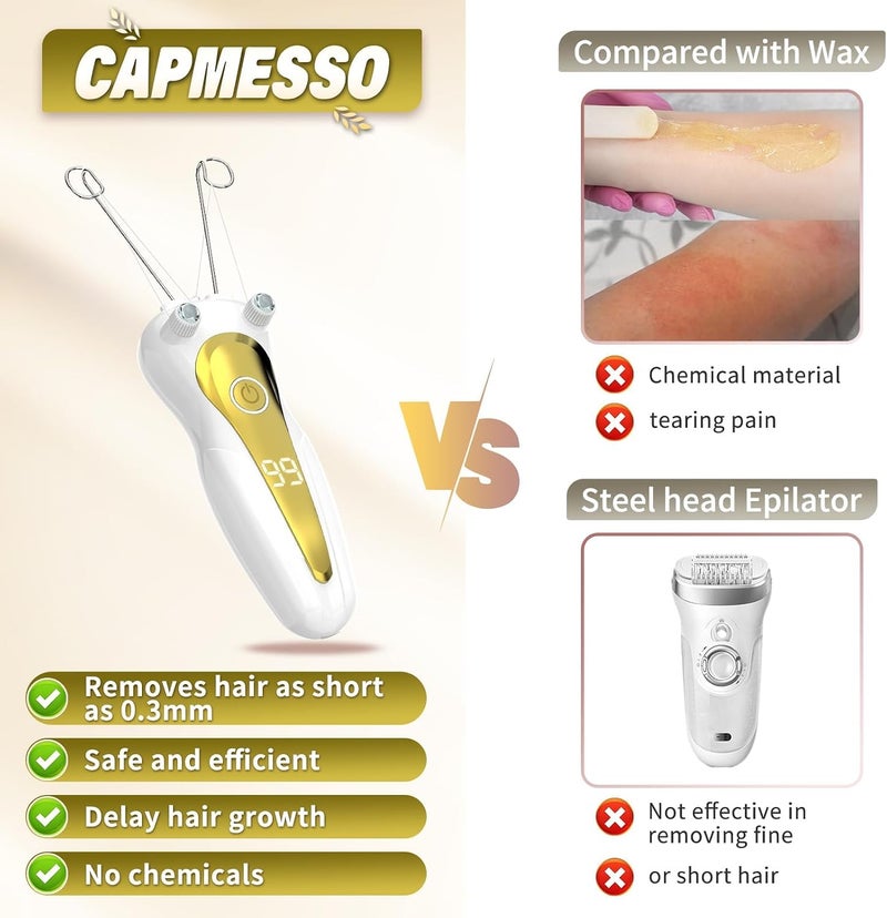 مزيل شعر الوجه سريع الشحن لإزالة الشعر بالخيط، مزيل شعر الوجه للسيدات مع شاشة رقمية، جهاز إزالة شعر الذراعين والساقين للنساء - خيط قطني ومسحوق اللؤلؤ (ذهبي) - Image 5