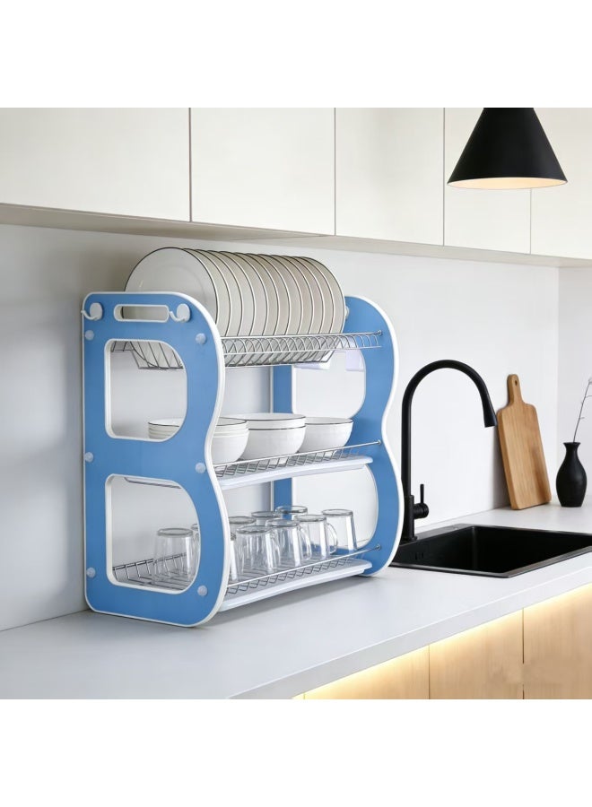 CityRiya-Long 3-Tier Kitchen Dish Rack, Drainage Bowl and Plate Storage Rack with Metal Grid & Hooks, Blue Multifunctional Kitchen Organizer for Sink Side - Image 1