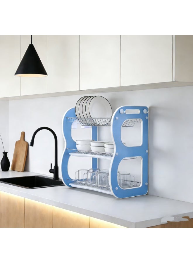 CityRiya-Long 3-Tier Kitchen Dish Rack, Drainage Bowl and Plate Storage Rack with Metal Grid & Hooks, Blue Multifunctional Kitchen Organizer for Sink Side - Image 2