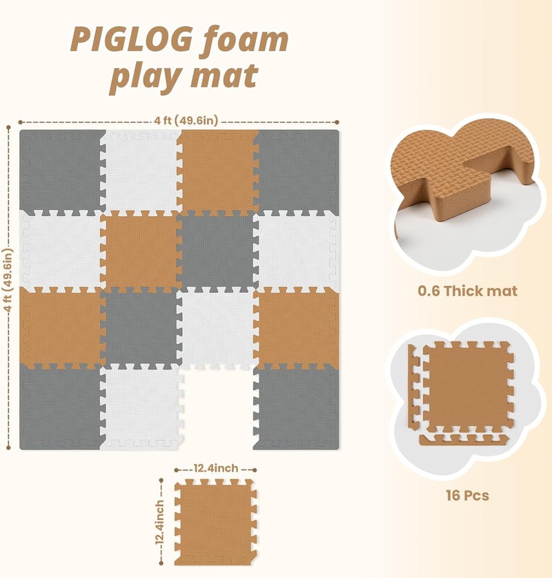 سجادة لعب للأطفال مكونة من 16 بلاطة للأرضية، سجادة لعب أرضية من رغوة EVA للأطفال بسمك 0.6 بوصة مع بلاطات رغوية متشابكة، بلاطات أرضية رغوية للأطفال الرضع والأطفال الصغار والأطفال (بني-رمادي-أبيض، 16 قطعة) - Image 3