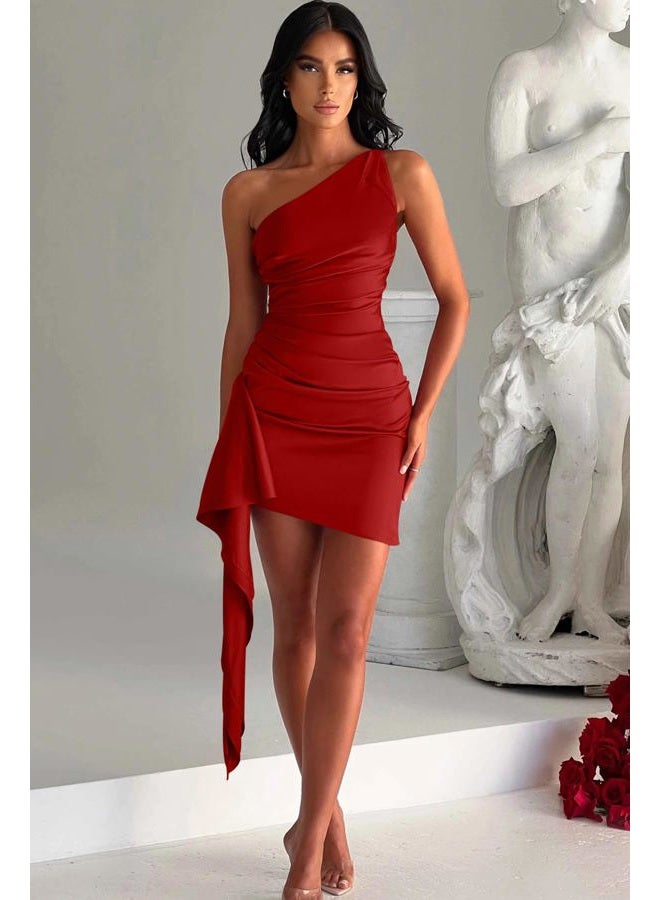 Memoriesea Women's Satin One Shoulder Ruched Bodycon Sleeveless Mini Club Party Dress, Red, Medium - Image 5